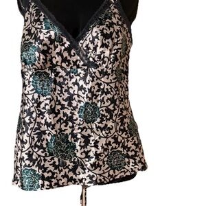 Silk-Feel Floral Lace Trim Camisole Tank Top - Cream with Teal and Black